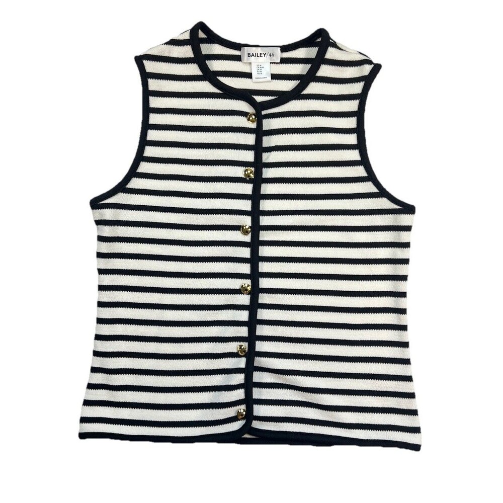 Bailey 44 Black White Striped Knit Top Vest Womens M Gold Button Front Classic